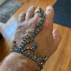 Goldtone and Blue Rhinestone Hand Bracelet wrist to finger vintage jewelry